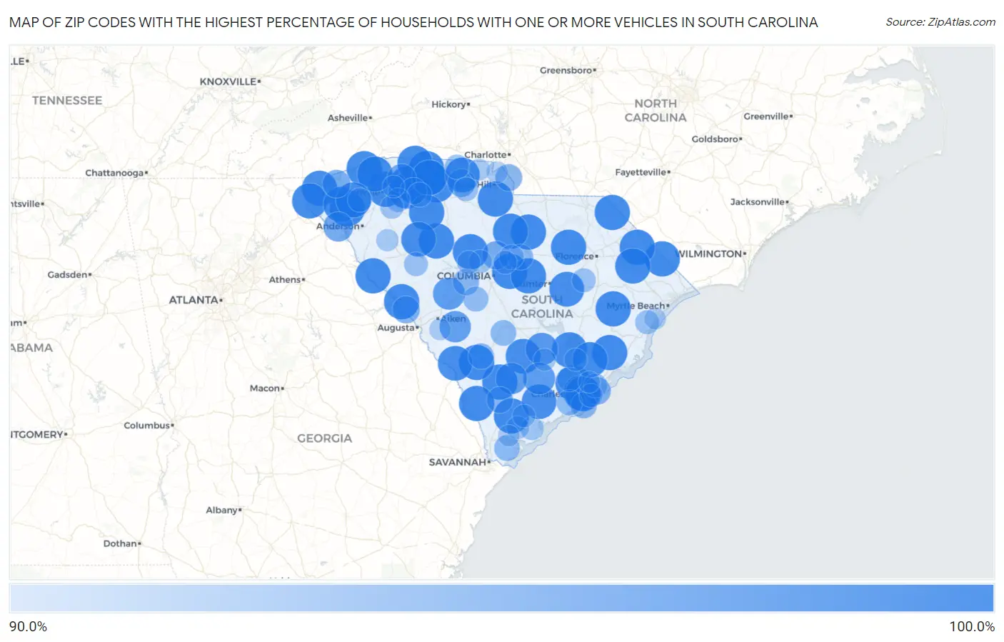 Zip Codes with the Highest Percentage of Households With One or more Vehicles in South Carolina Map