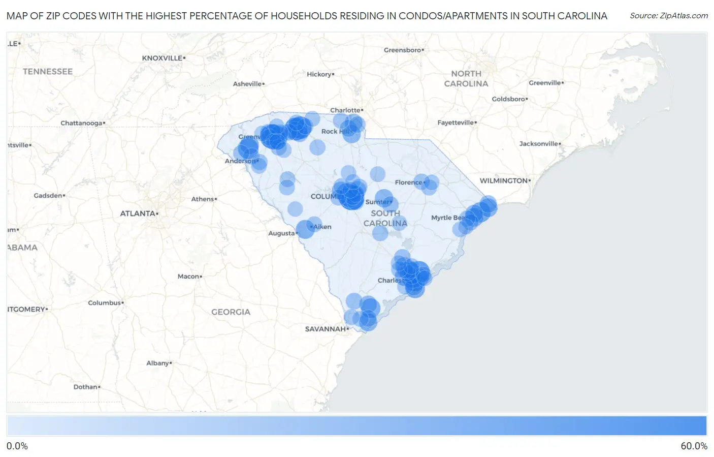 Zip Codes with the Highest Percentage of Households Residing in Condos/Apartments in South Carolina Map