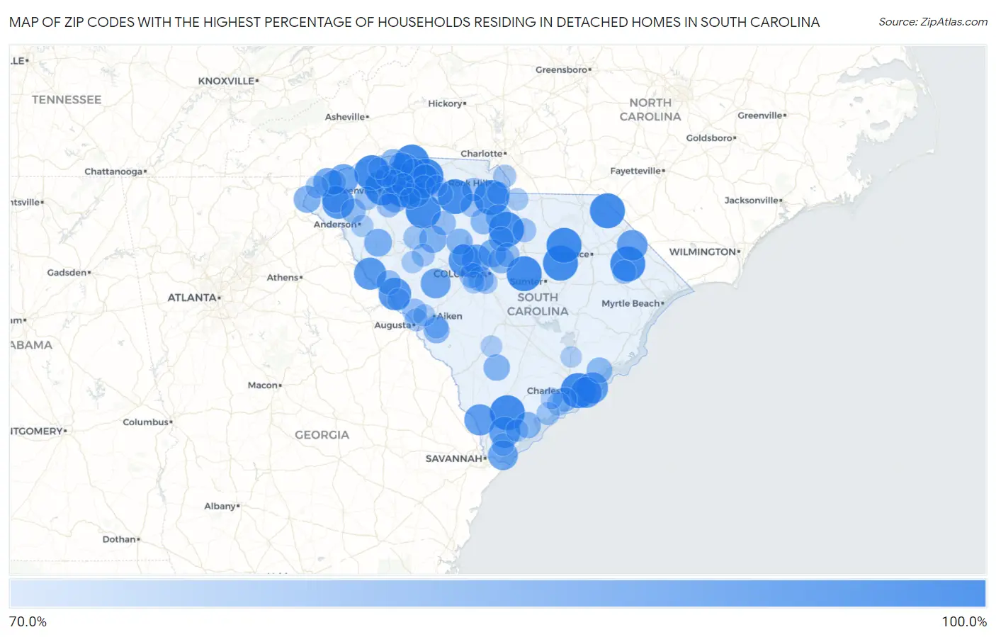 Zip Codes with the Highest Percentage of Households Residing in Detached Homes in South Carolina Map