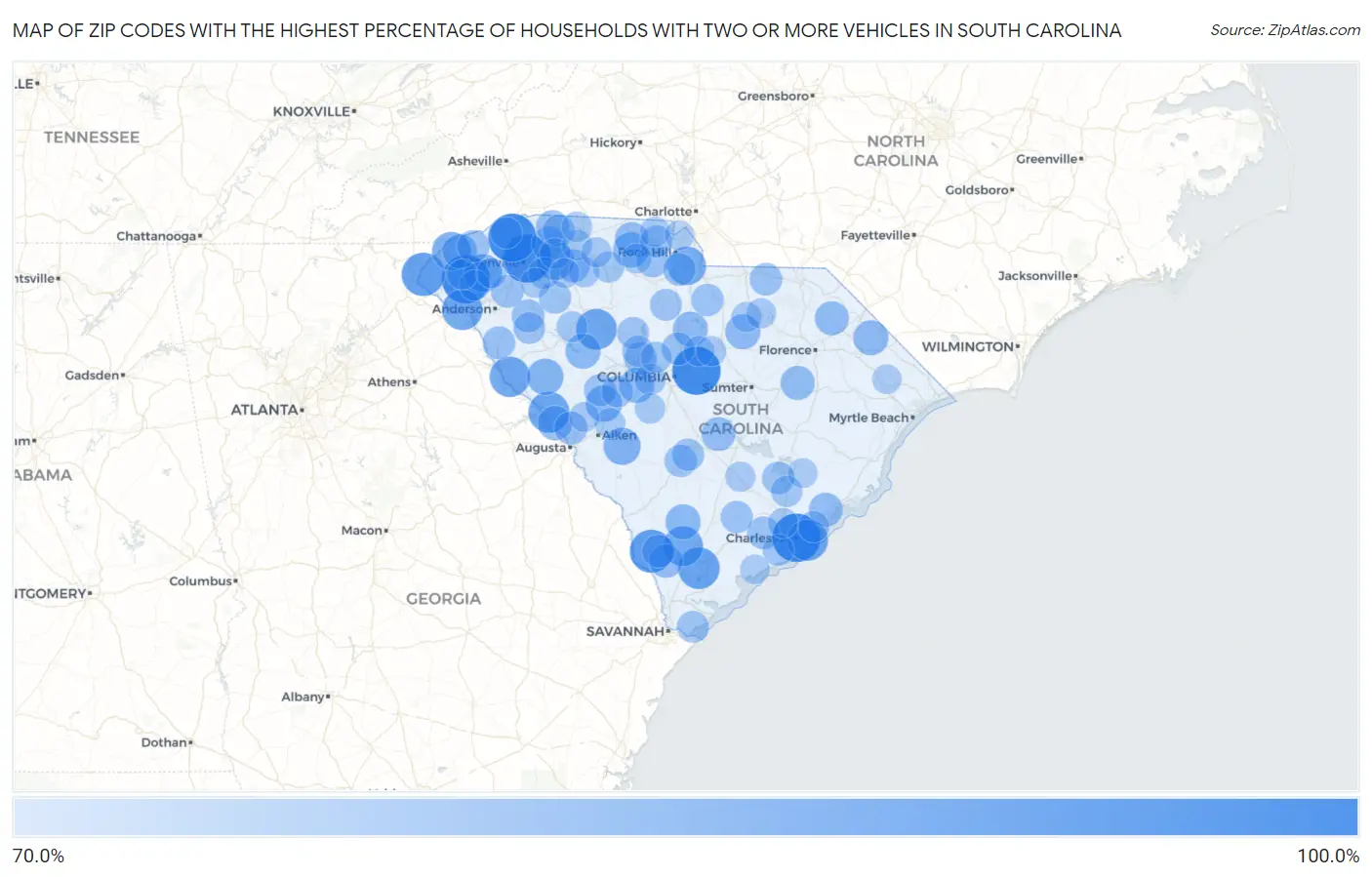 Zip Codes with the Highest Percentage of Households With Two or more Vehicles in South Carolina Map