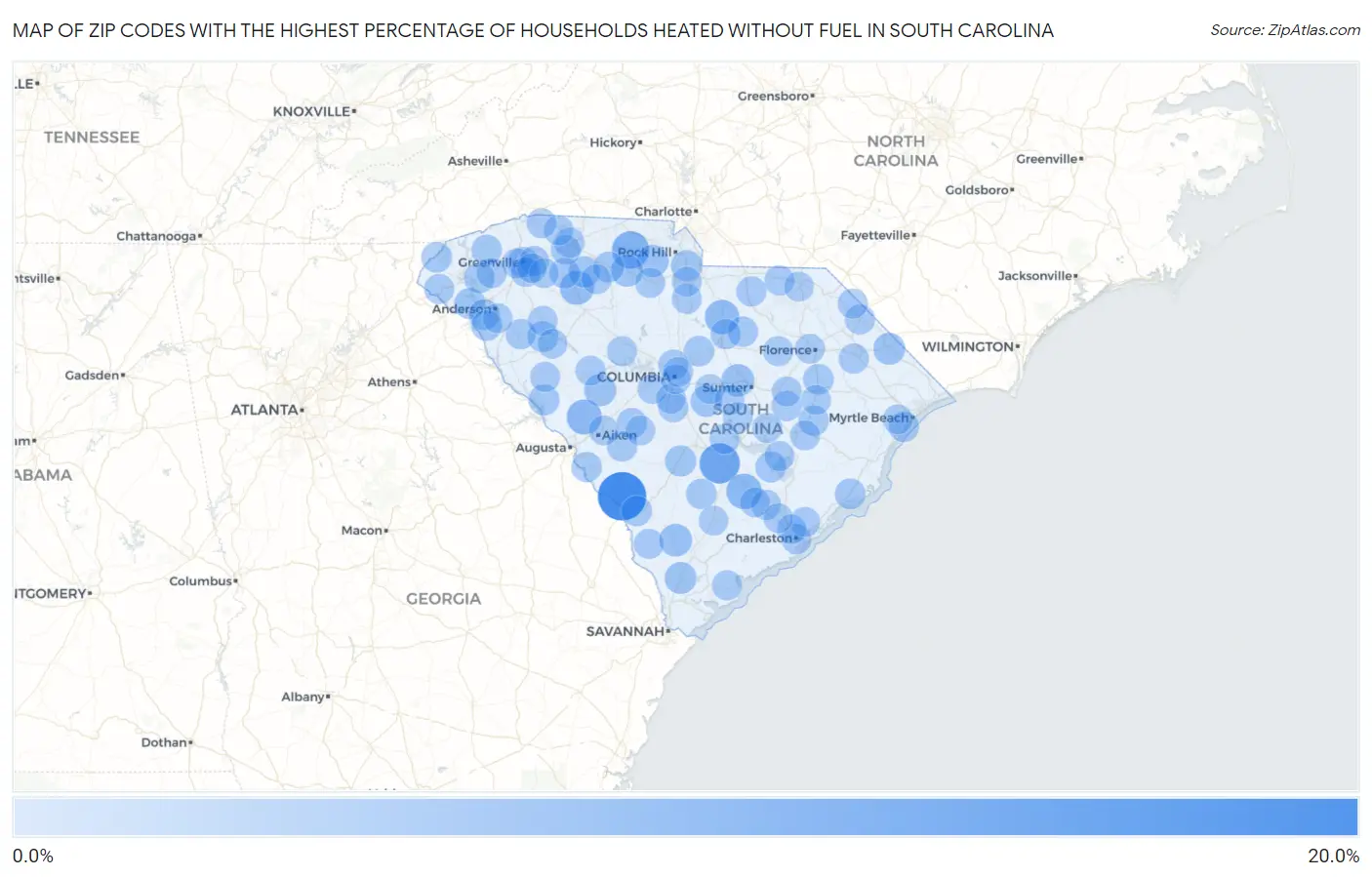 Zip Codes with the Highest Percentage of Households Heated without Fuel in South Carolina Map