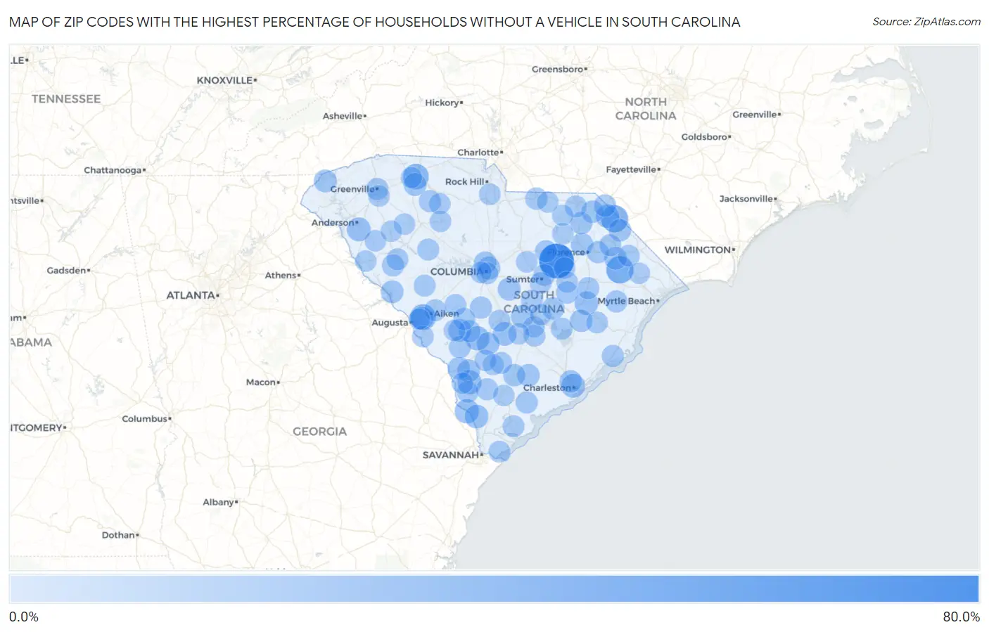 Zip Codes with the Highest Percentage of Households Without a Vehicle in South Carolina Map