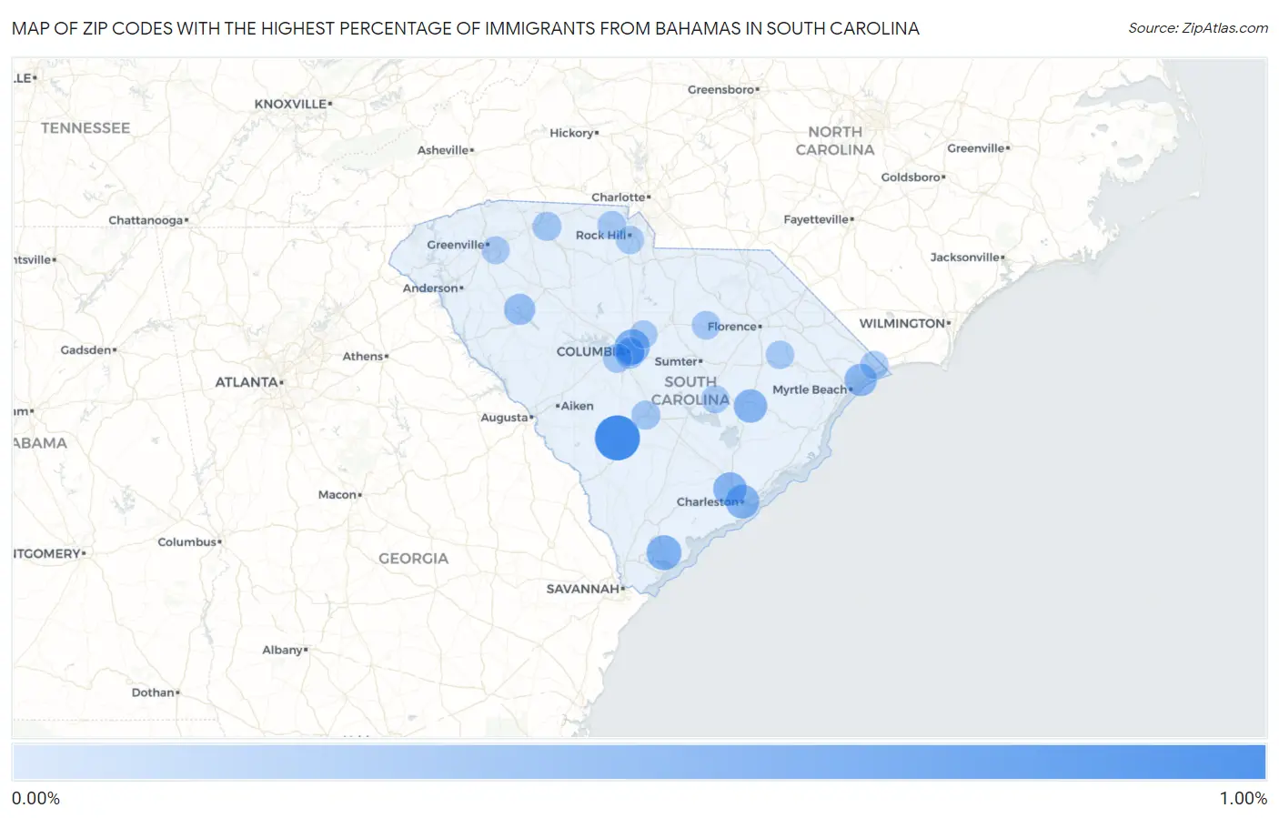 Zip Codes with the Highest Percentage of Immigrants from Bahamas in South Carolina Map