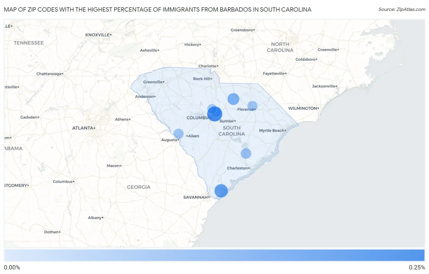 Zip Codes with the Highest Percentage of Immigrants from Barbados in South Carolina Map