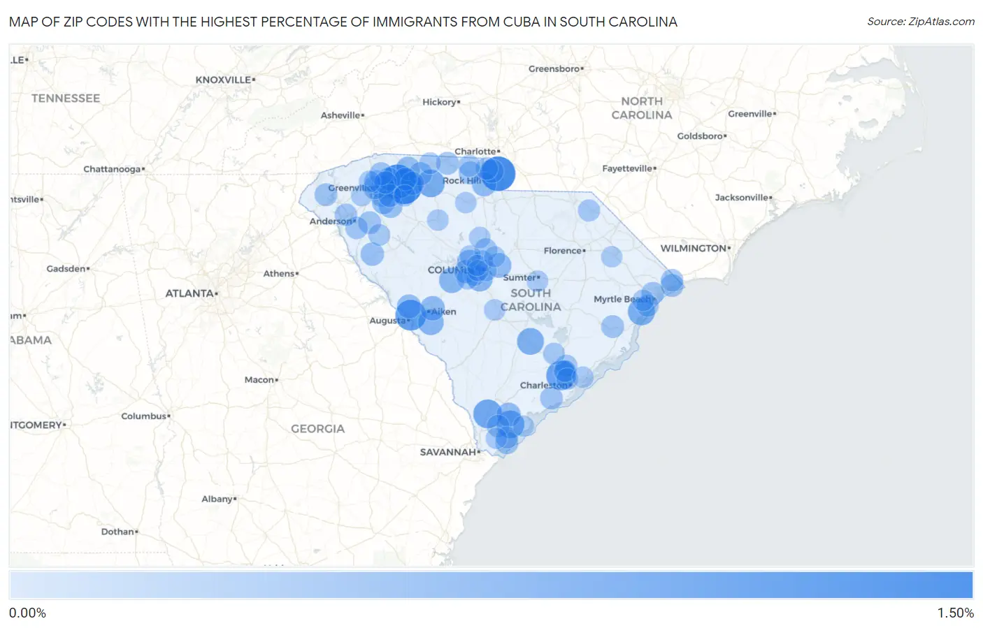 Zip Codes with the Highest Percentage of Immigrants from Cuba in South Carolina Map