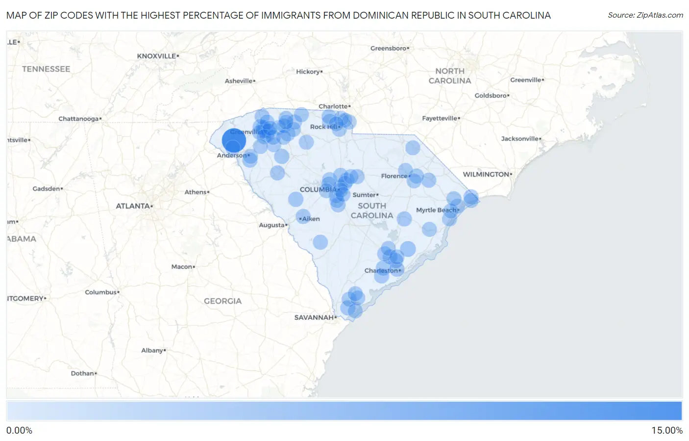 Zip Codes with the Highest Percentage of Immigrants from Dominican Republic in South Carolina Map