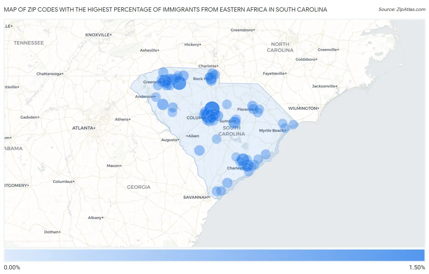Zip Codes with the Highest Percentage of Immigrants from Eastern Africa in South Carolina Map