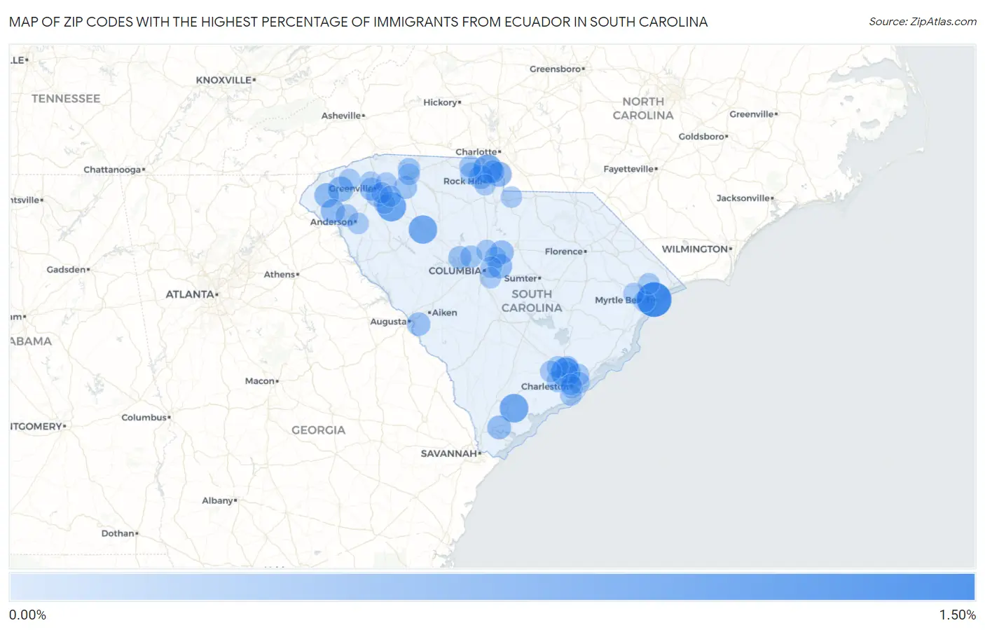 Zip Codes with the Highest Percentage of Immigrants from Ecuador in South Carolina Map