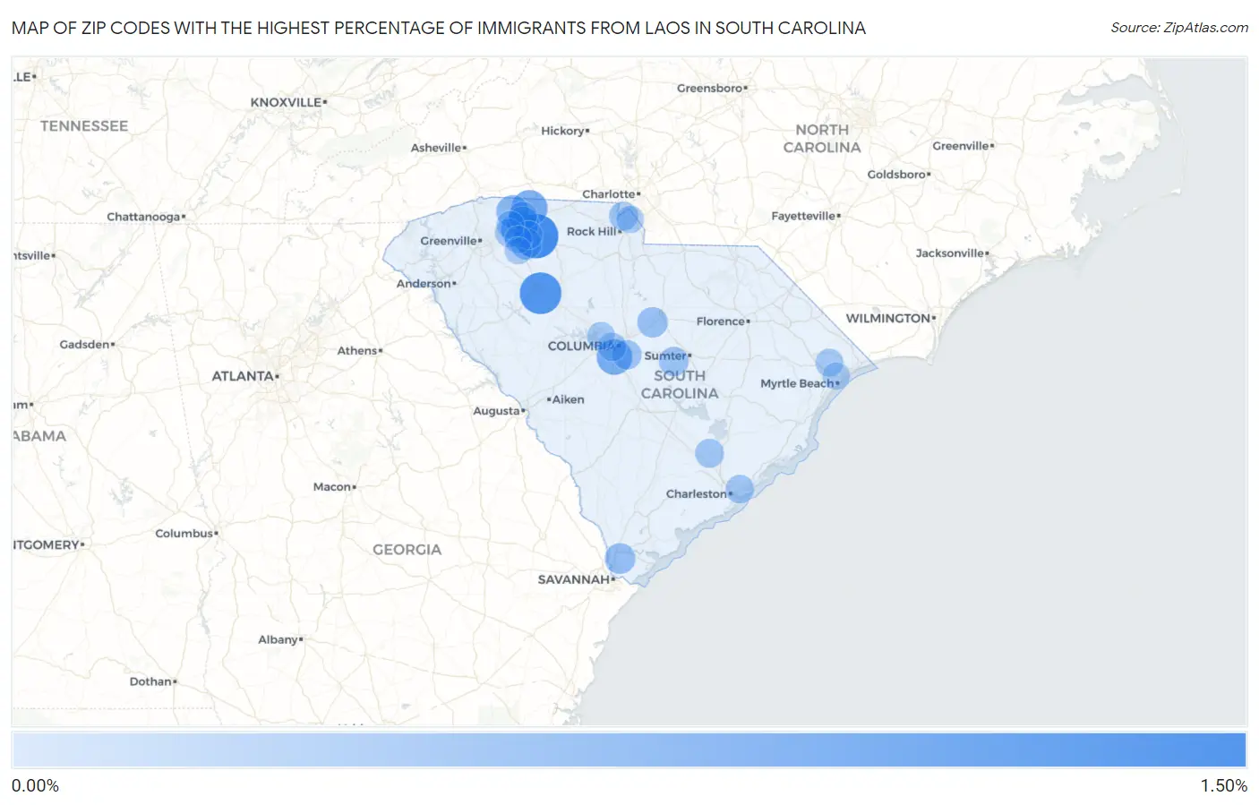 Zip Codes with the Highest Percentage of Immigrants from Laos in South Carolina Map