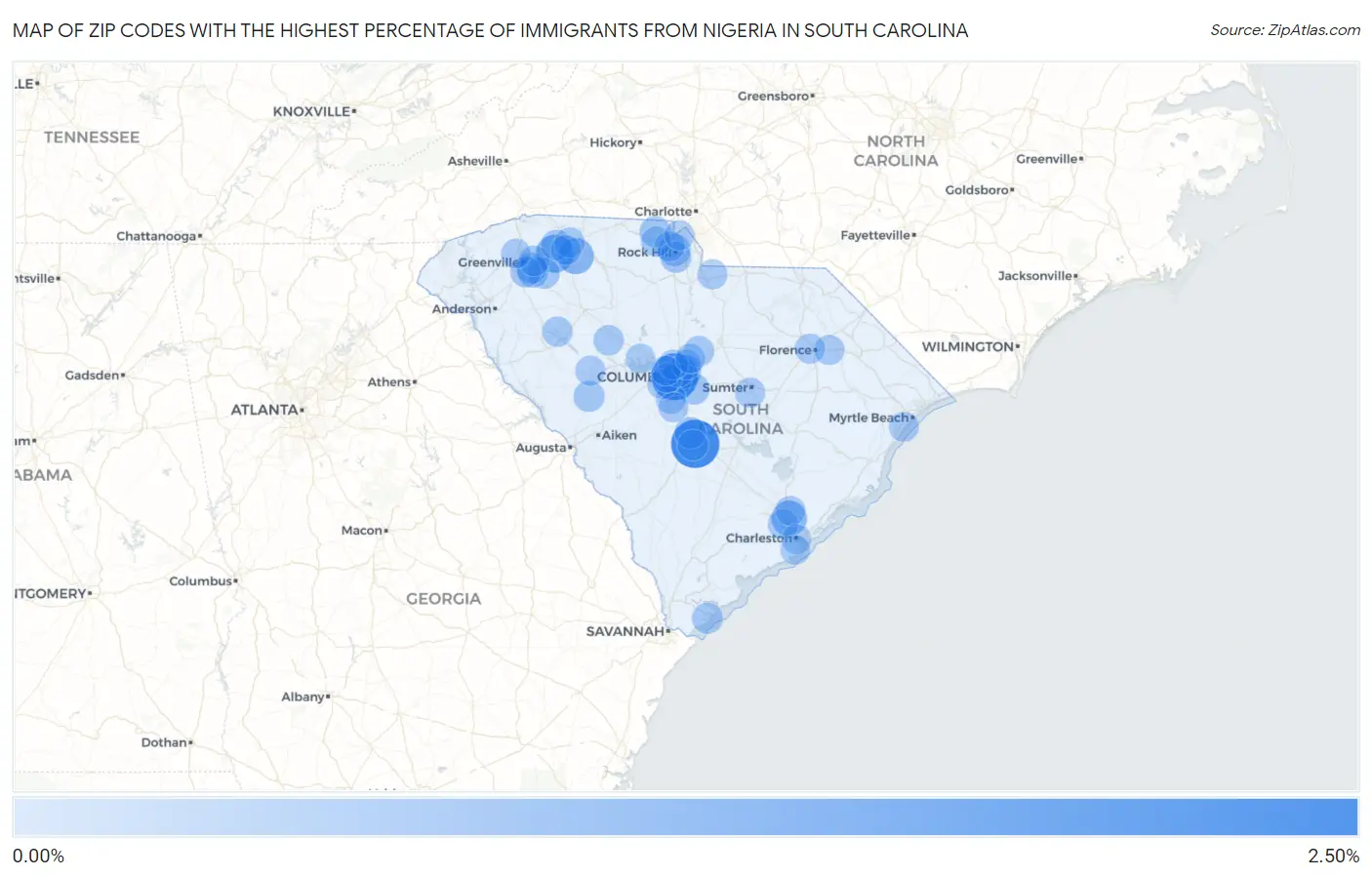 Zip Codes with the Highest Percentage of Immigrants from Nigeria in South Carolina Map