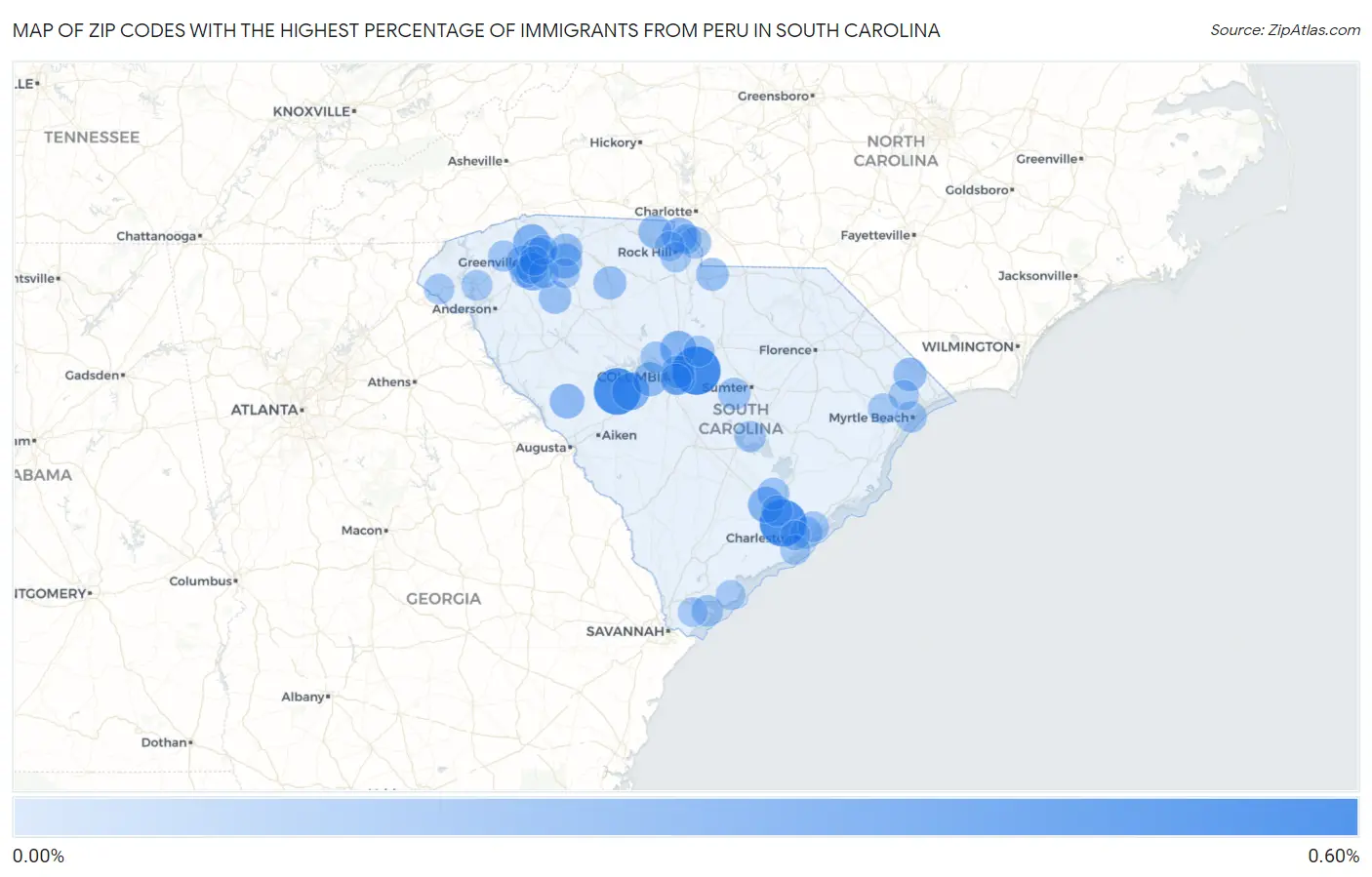 Zip Codes with the Highest Percentage of Immigrants from Peru in South Carolina Map