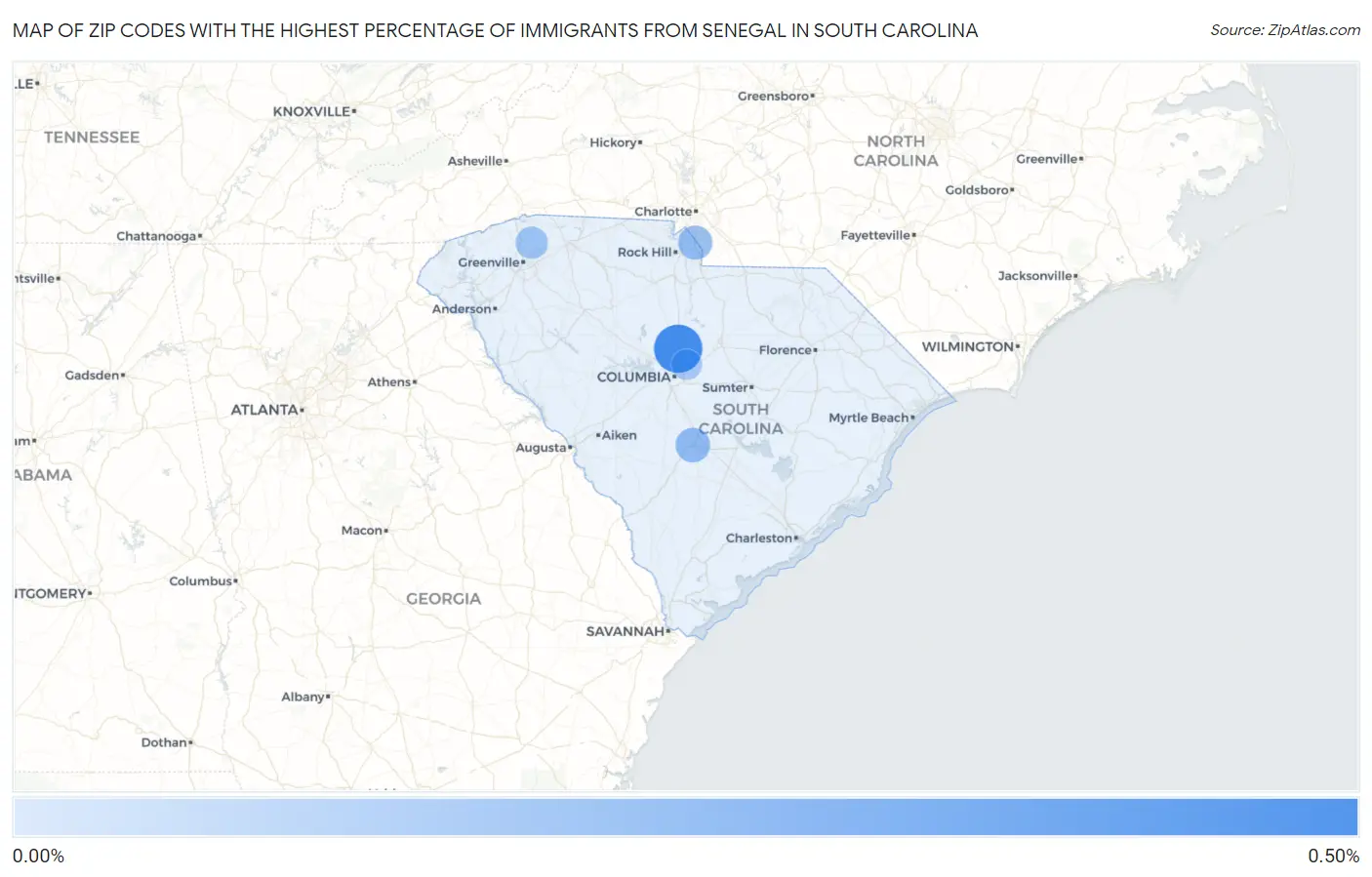 Zip Codes with the Highest Percentage of Immigrants from Senegal in South Carolina Map