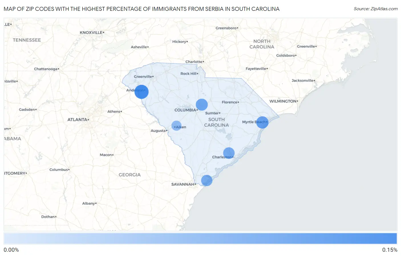 Zip Codes with the Highest Percentage of Immigrants from Serbia in South Carolina Map