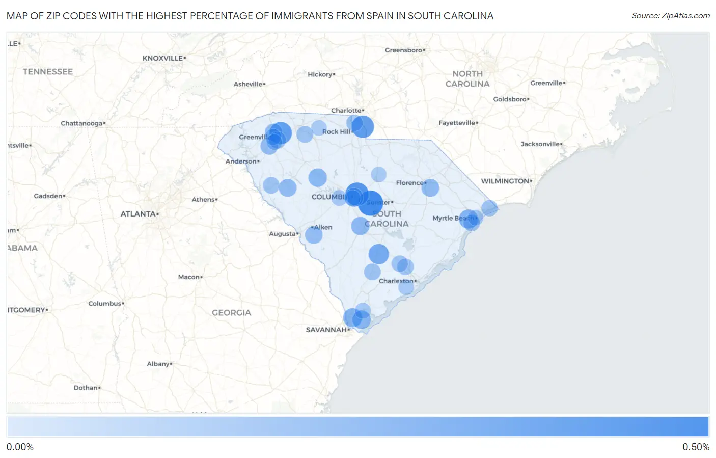 Zip Codes with the Highest Percentage of Immigrants from Spain in South Carolina Map