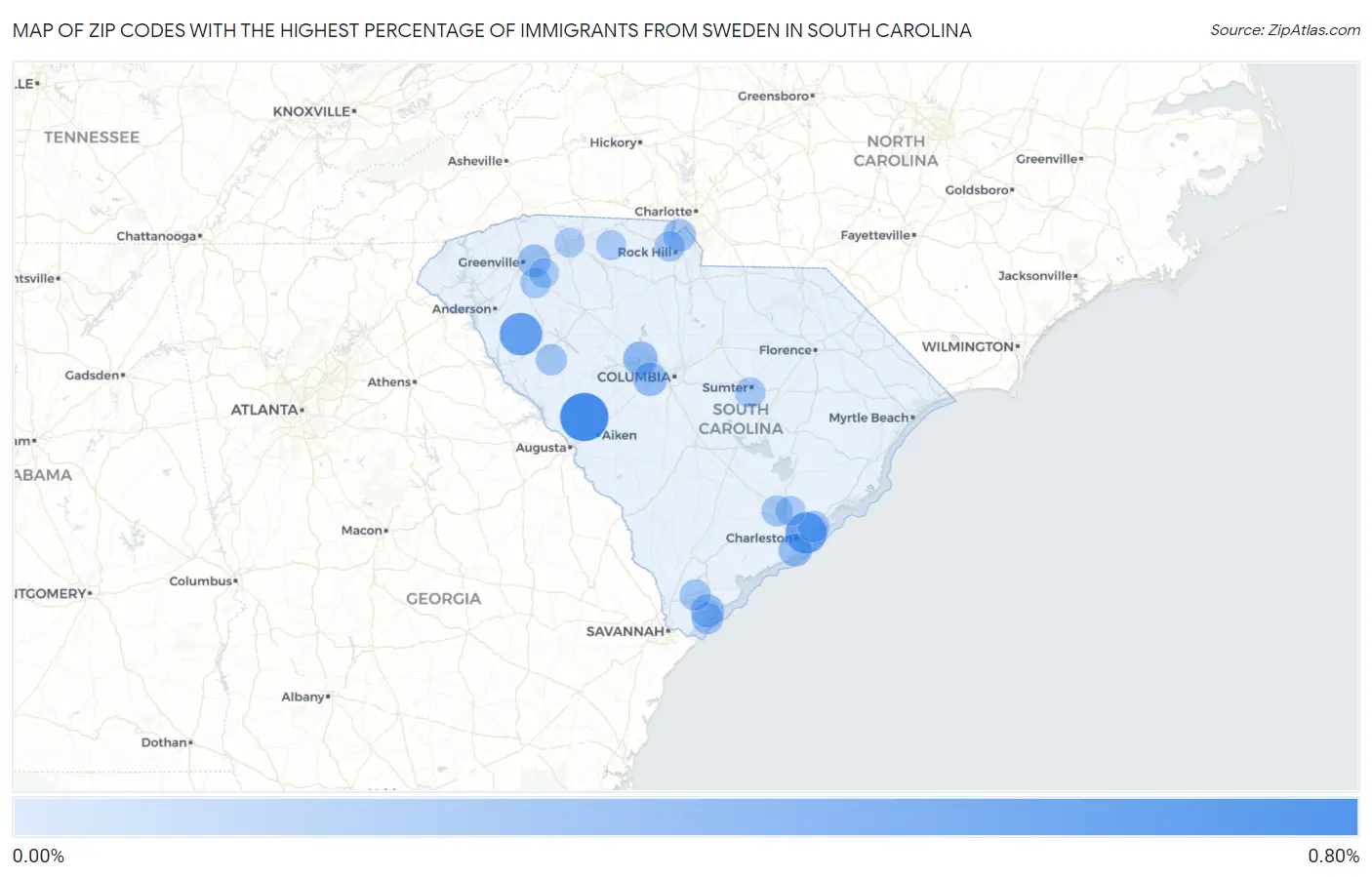 Zip Codes with the Highest Percentage of Immigrants from Sweden in South Carolina Map