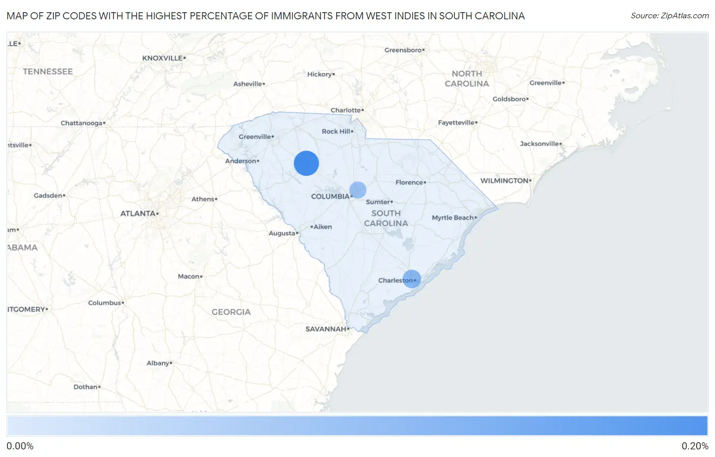 Zip Codes with the Highest Percentage of Immigrants from West Indies in South Carolina Map