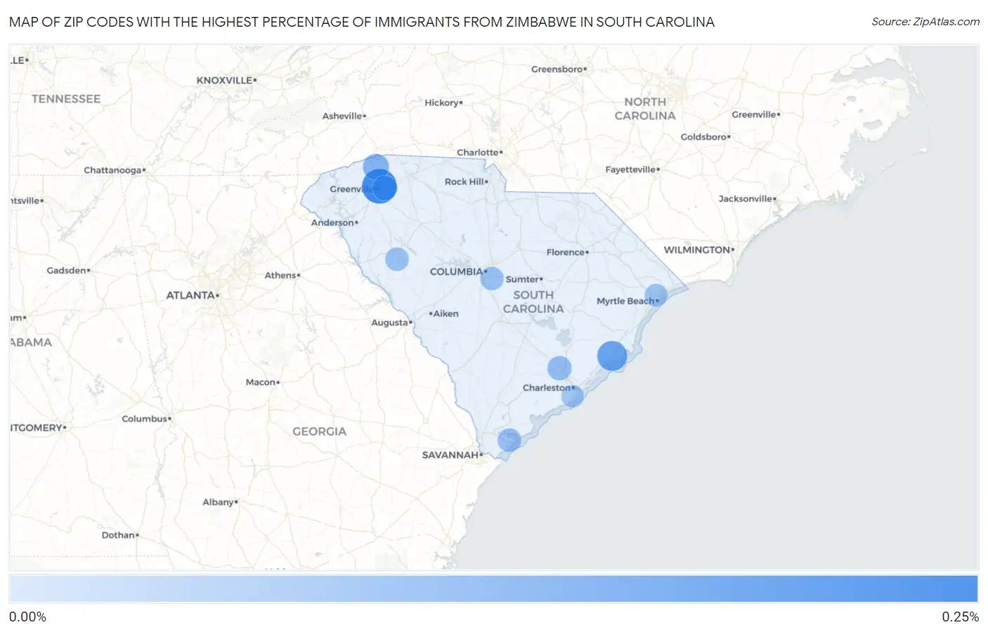 Zip Codes with the Highest Percentage of Immigrants from Zimbabwe in South Carolina Map
