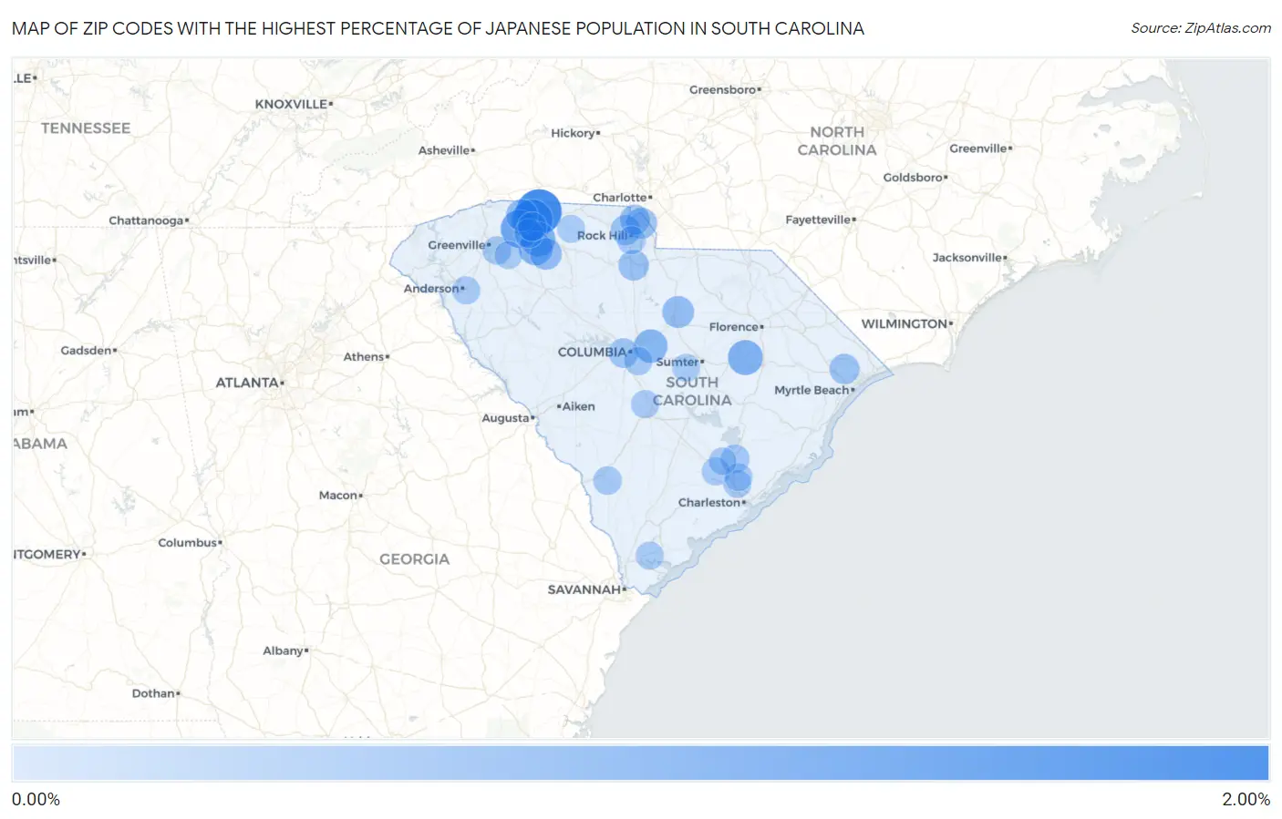 Zip Codes with the Highest Percentage of Japanese Population in South Carolina Map