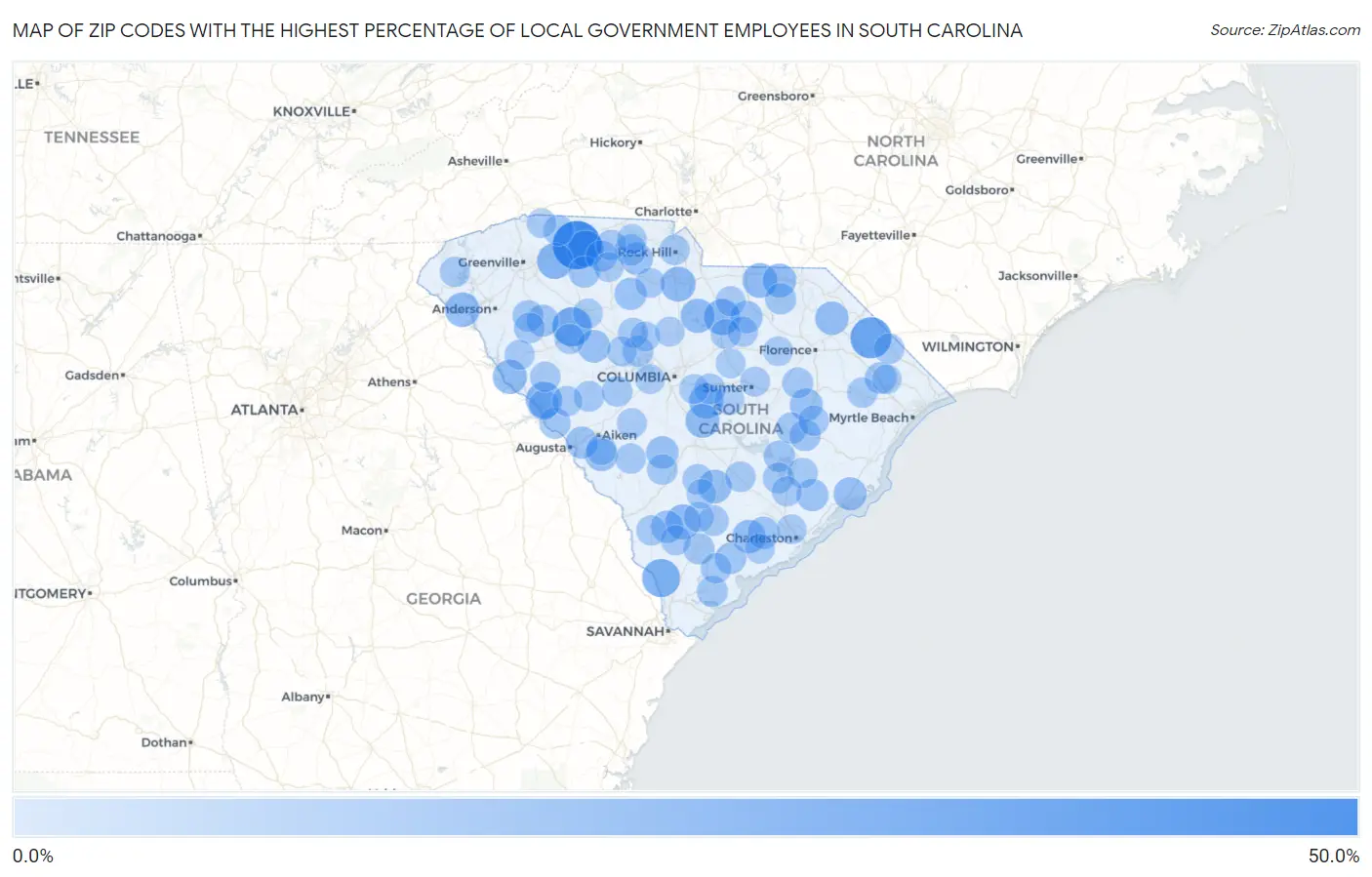 Zip Codes with the Highest Percentage of Local Government Employees in South Carolina Map