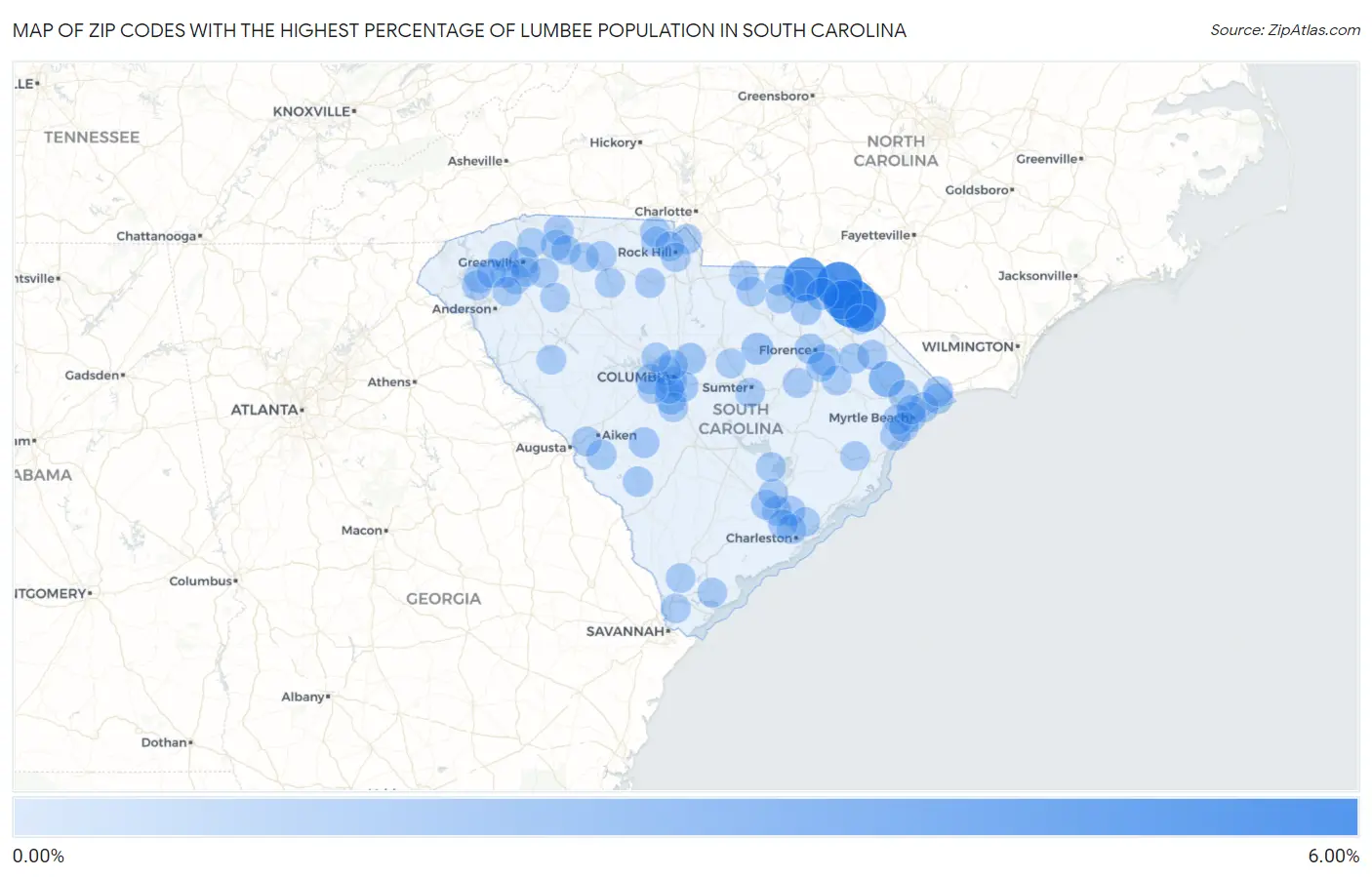 Zip Codes with the Highest Percentage of Lumbee Population in South Carolina Map