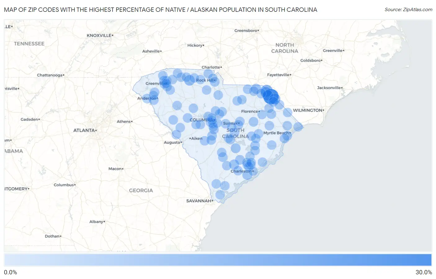 Zip Codes with the Highest Percentage of Native / Alaskan Population in South Carolina Map