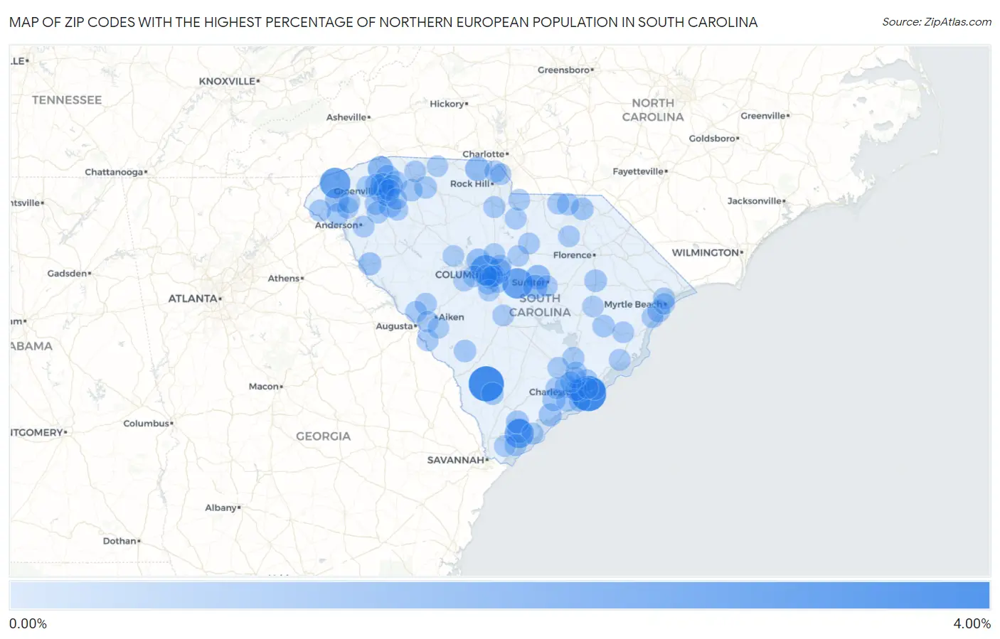 Zip Codes with the Highest Percentage of Northern European Population in South Carolina Map