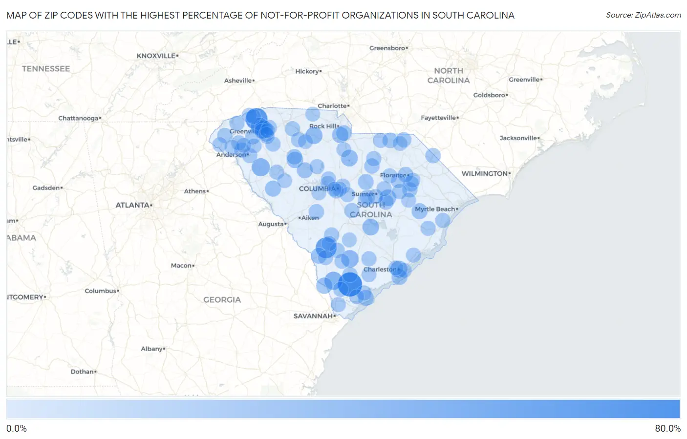 Zip Codes with the Highest Percentage of Not-for-profit Organizations in South Carolina Map