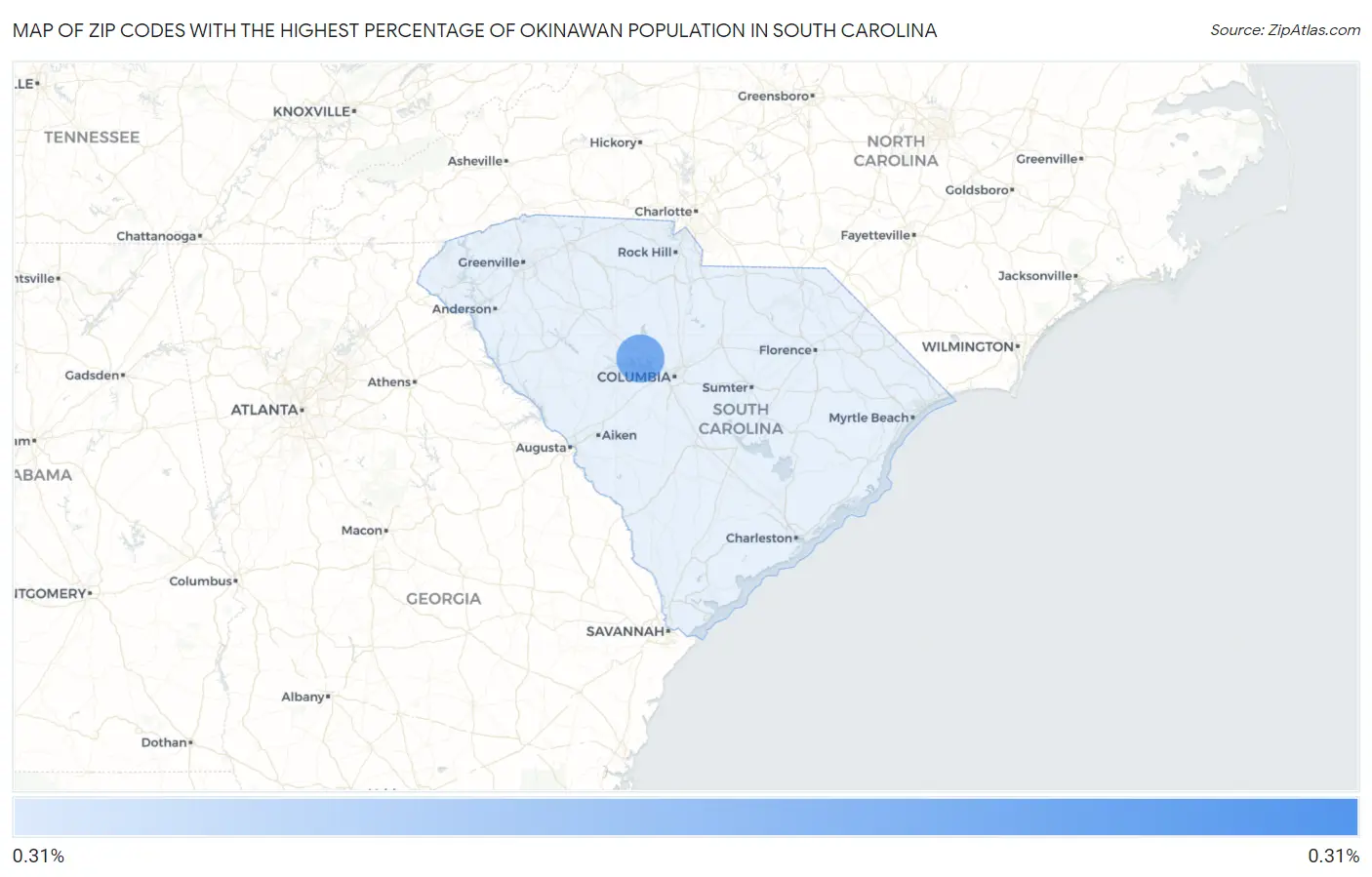 Zip Codes with the Highest Percentage of Okinawan Population in South Carolina Map