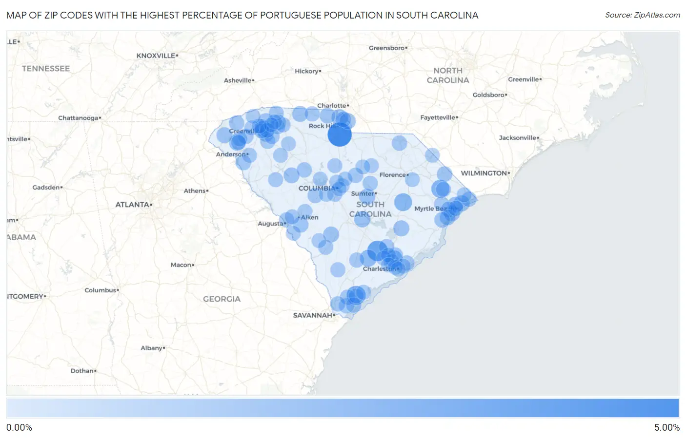 Zip Codes with the Highest Percentage of Portuguese Population in South Carolina Map
