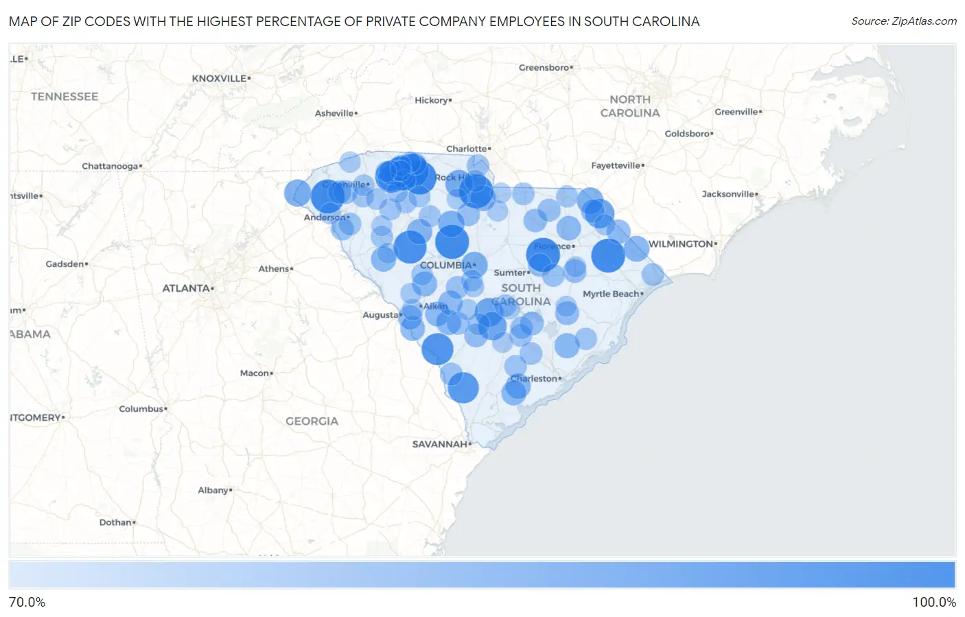 Zip Codes with the Highest Percentage of Private Company Employees in South Carolina Map