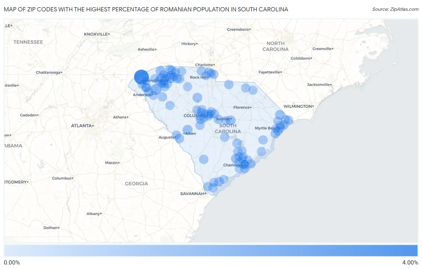Zip Codes with the Highest Percentage of Romanian Population in South Carolina Map