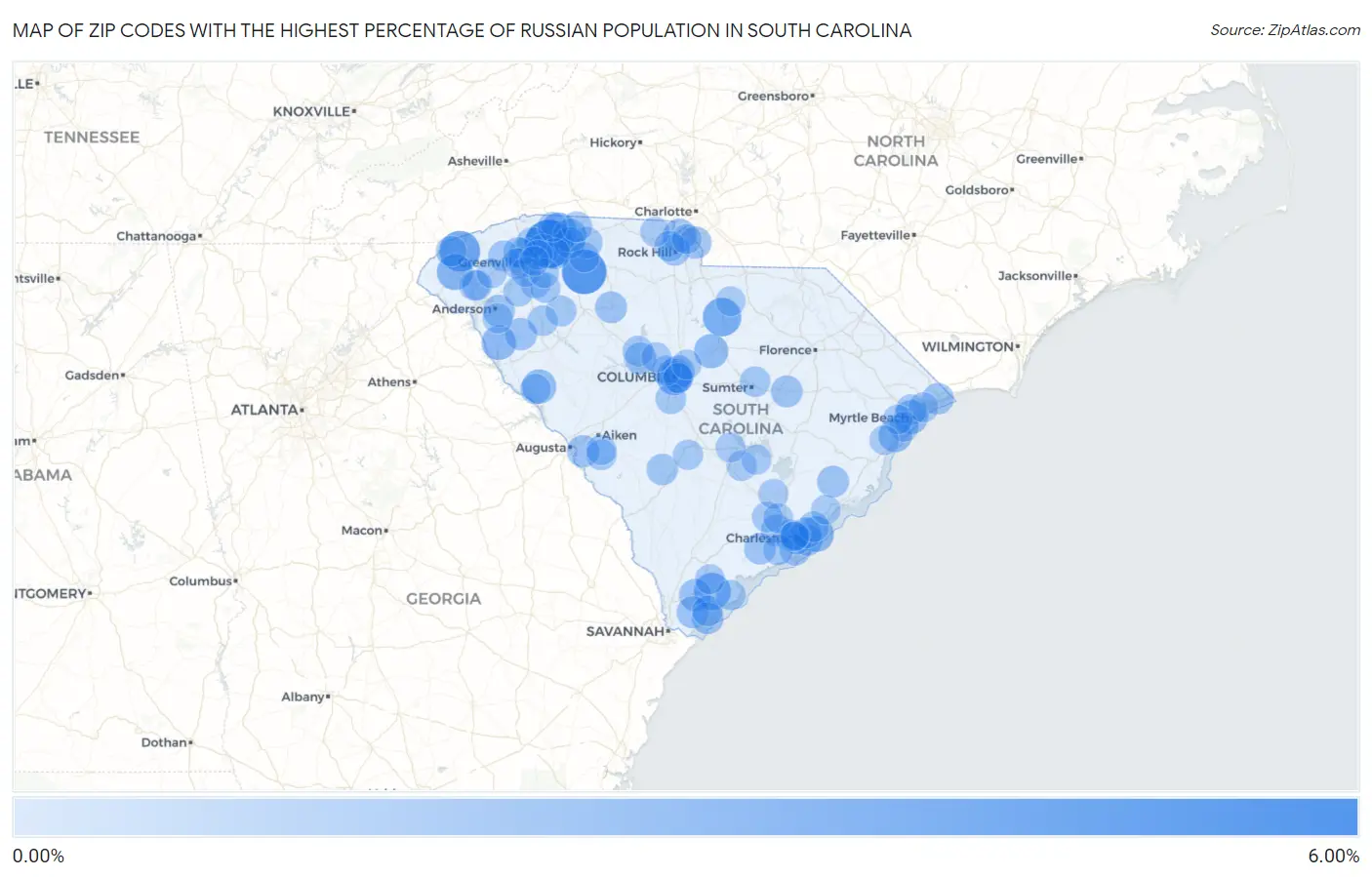 Zip Codes with the Highest Percentage of Russian Population in South Carolina Map