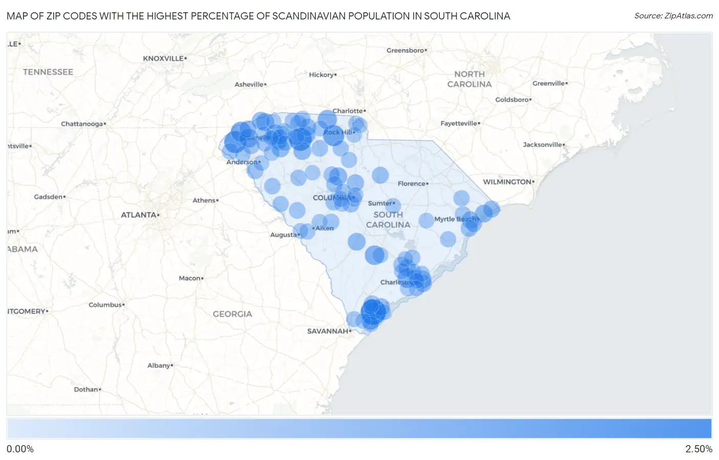 Zip Codes with the Highest Percentage of Scandinavian Population in South Carolina Map