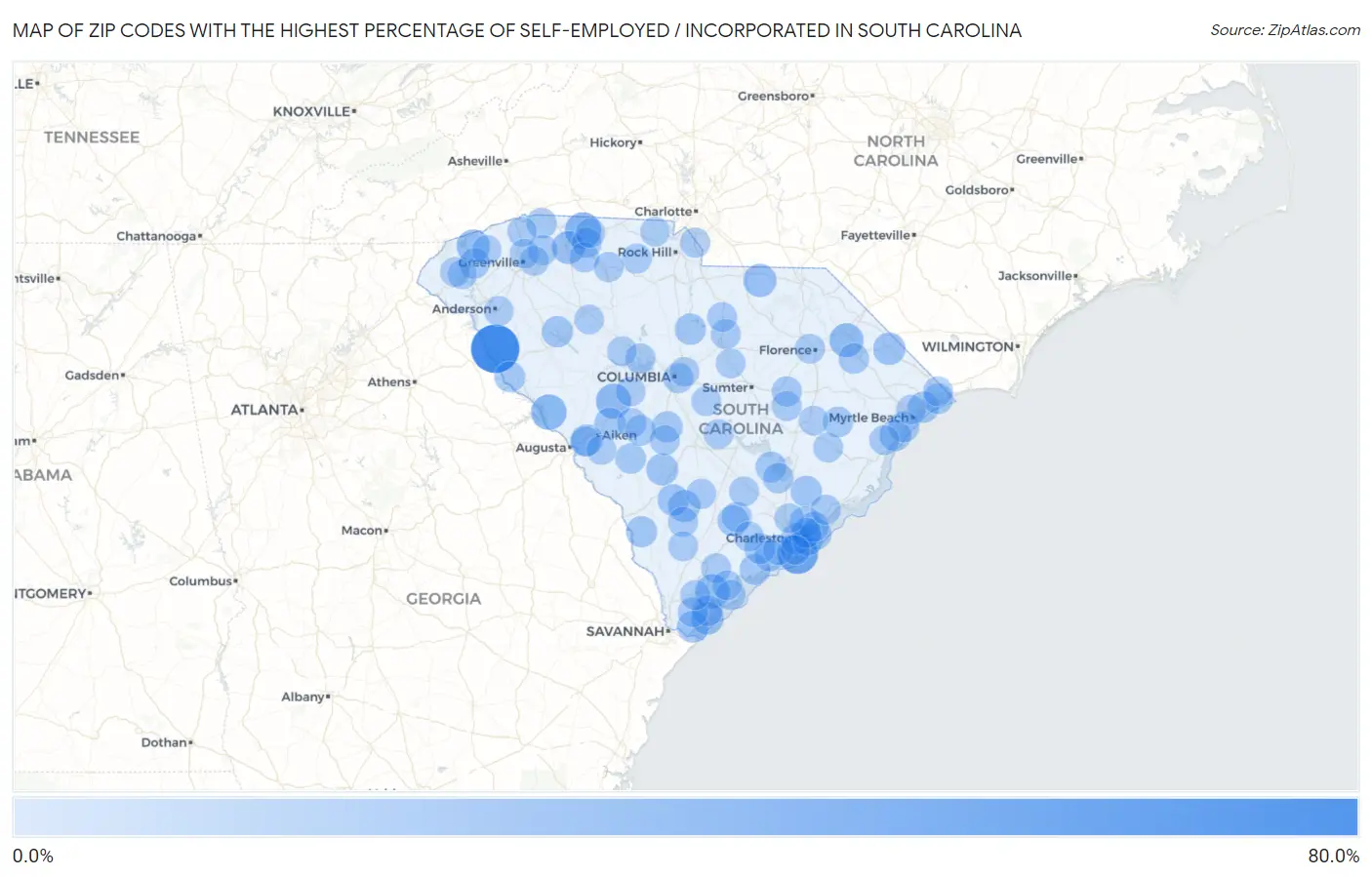 Zip Codes with the Highest Percentage of Self-Employed / Incorporated in South Carolina Map