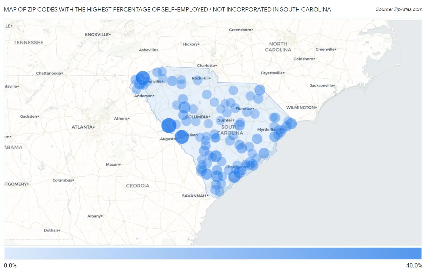 Zip Codes with the Highest Percentage of Self-Employed / Not Incorporated in South Carolina Map