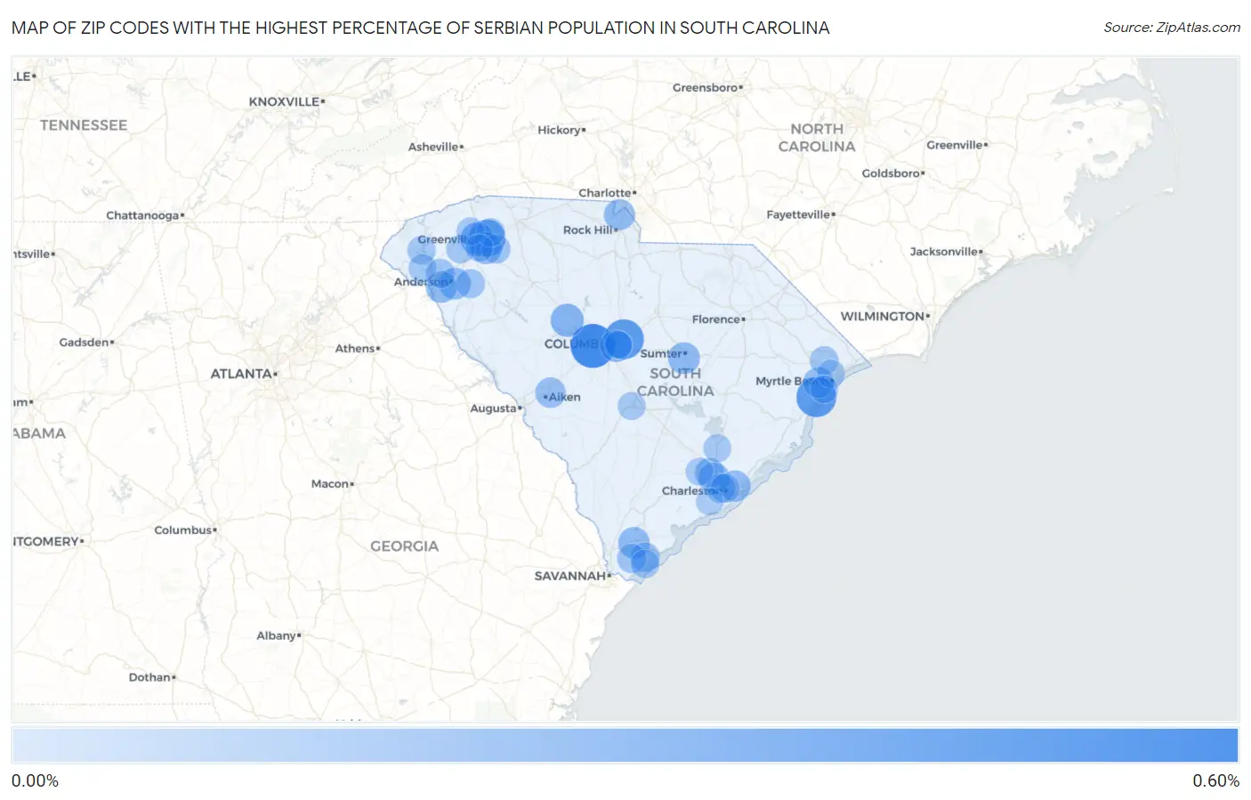 Zip Codes with the Highest Percentage of Serbian Population in South Carolina Map