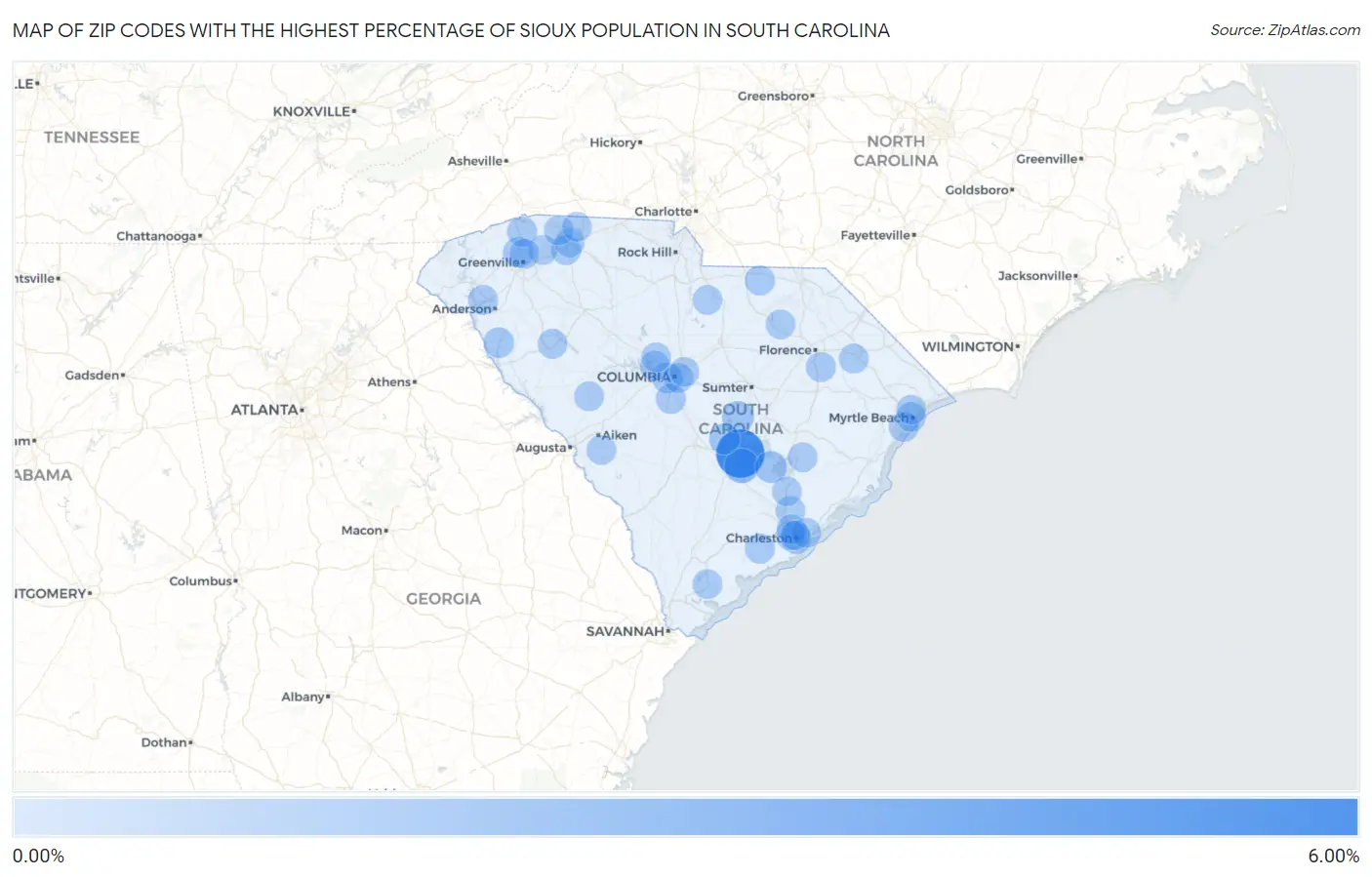 Zip Codes with the Highest Percentage of Sioux Population in South Carolina Map