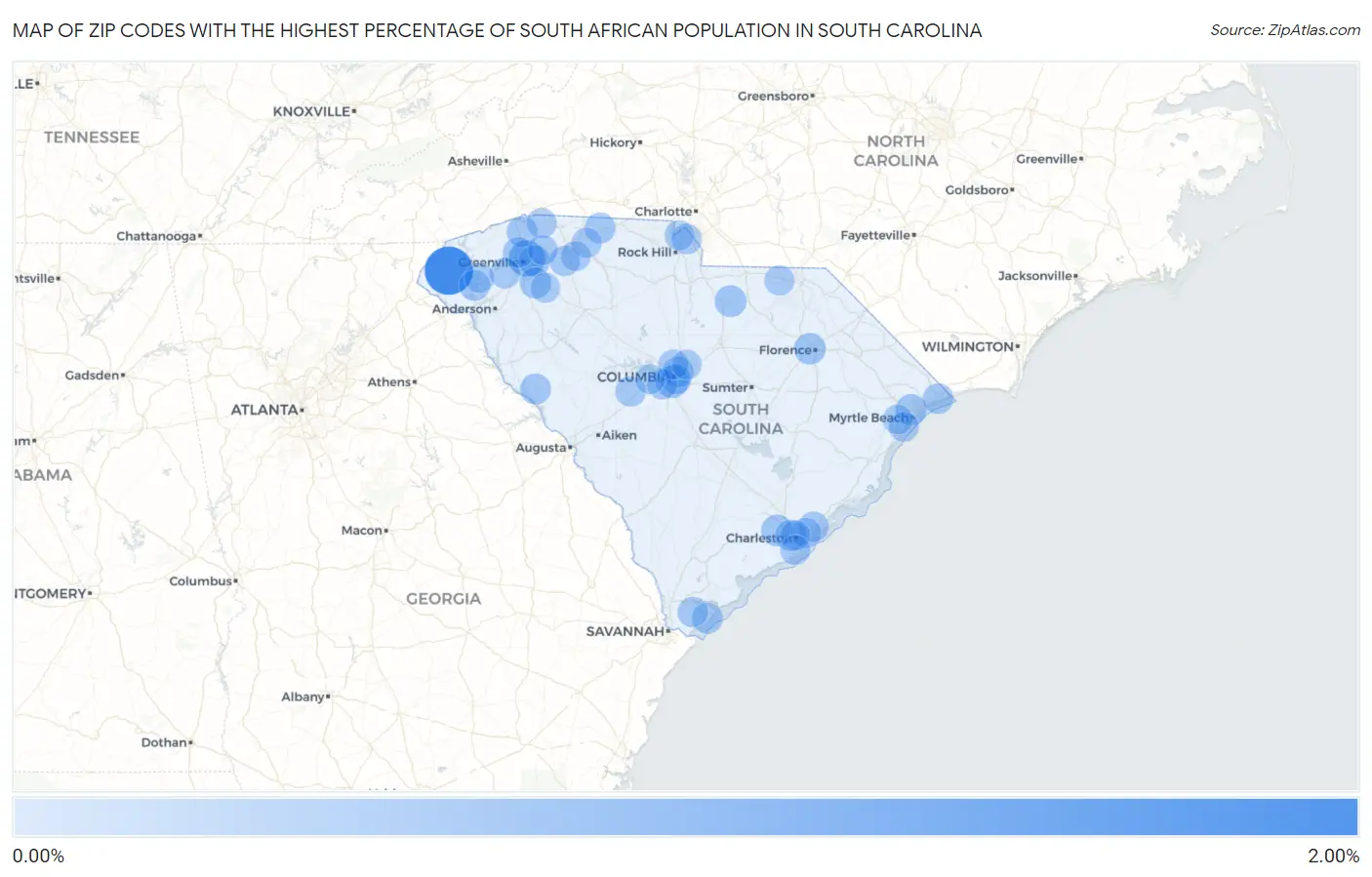 Zip Codes with the Highest Percentage of South African Population in South Carolina Map