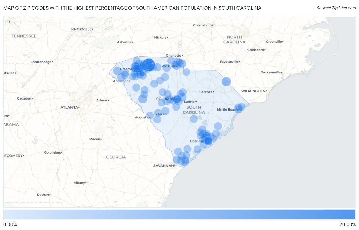 Zip Codes with the Highest Percentage of South American Population in South Carolina Map