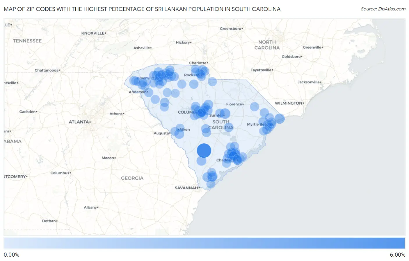 Zip Codes with the Highest Percentage of Sri Lankan Population in South Carolina Map