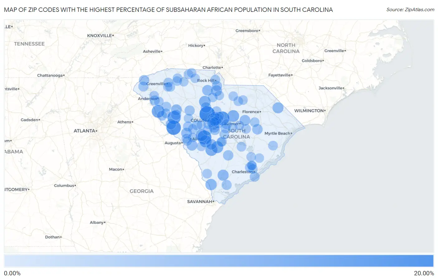 Zip Codes with the Highest Percentage of Subsaharan African Population in South Carolina Map