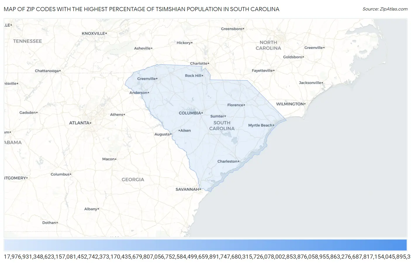 Zip Codes with the Highest Percentage of Tsimshian Population in South Carolina Map