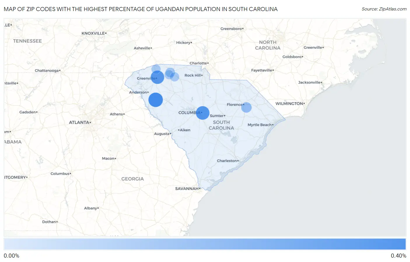 Zip Codes with the Highest Percentage of Ugandan Population in South Carolina Map