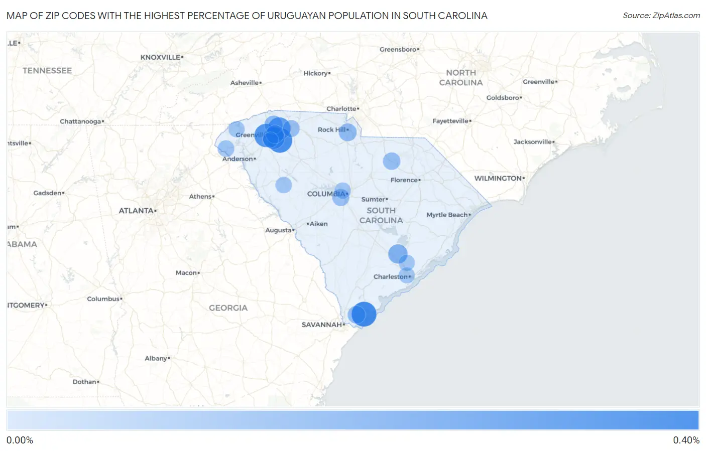 Zip Codes with the Highest Percentage of Uruguayan Population in South Carolina Map