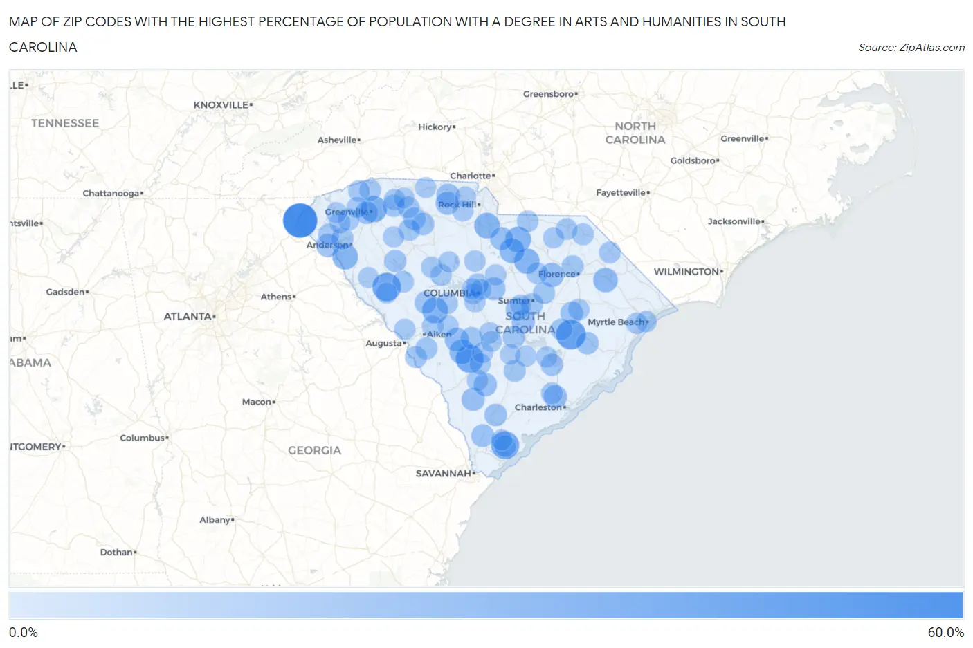 Zip Codes with the Highest Percentage of Population with a Degree in Arts and Humanities in South Carolina Map
