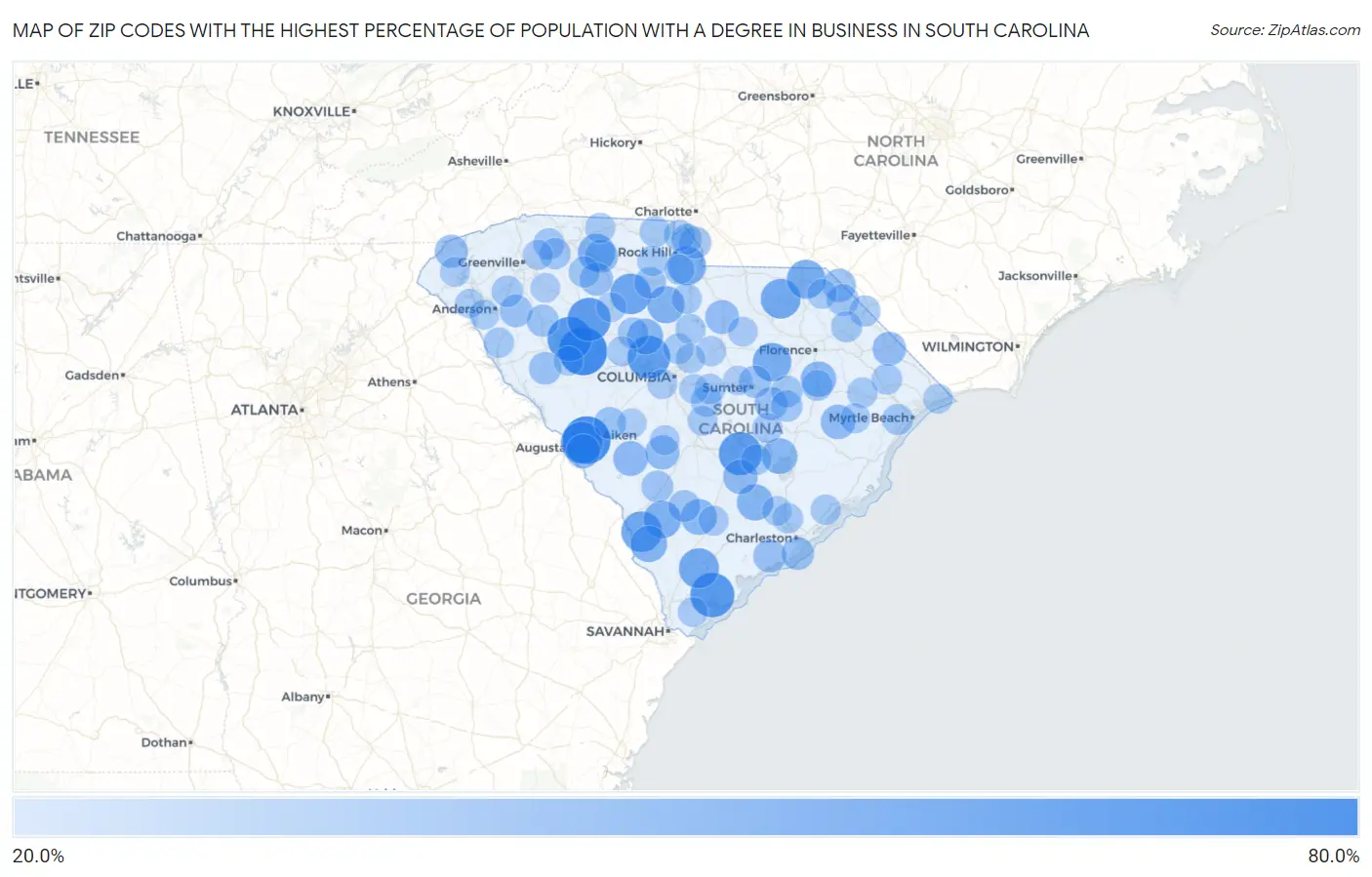 Zip Codes with the Highest Percentage of Population with a Degree in Business in South Carolina Map