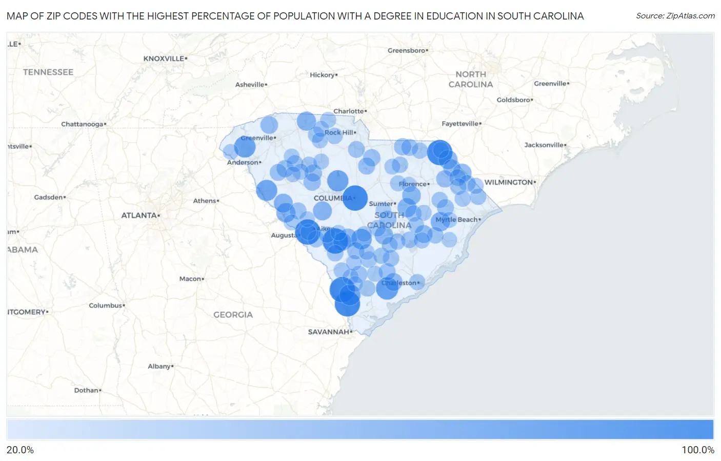 Zip Codes with the Highest Percentage of Population with a Degree in Education in South Carolina Map