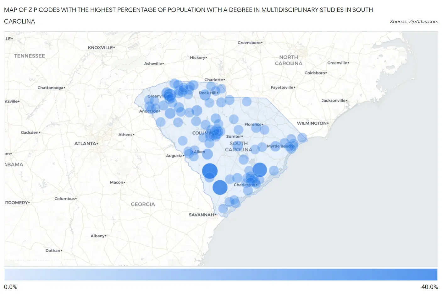 Zip Codes with the Highest Percentage of Population with a Degree in Multidisciplinary Studies in South Carolina Map