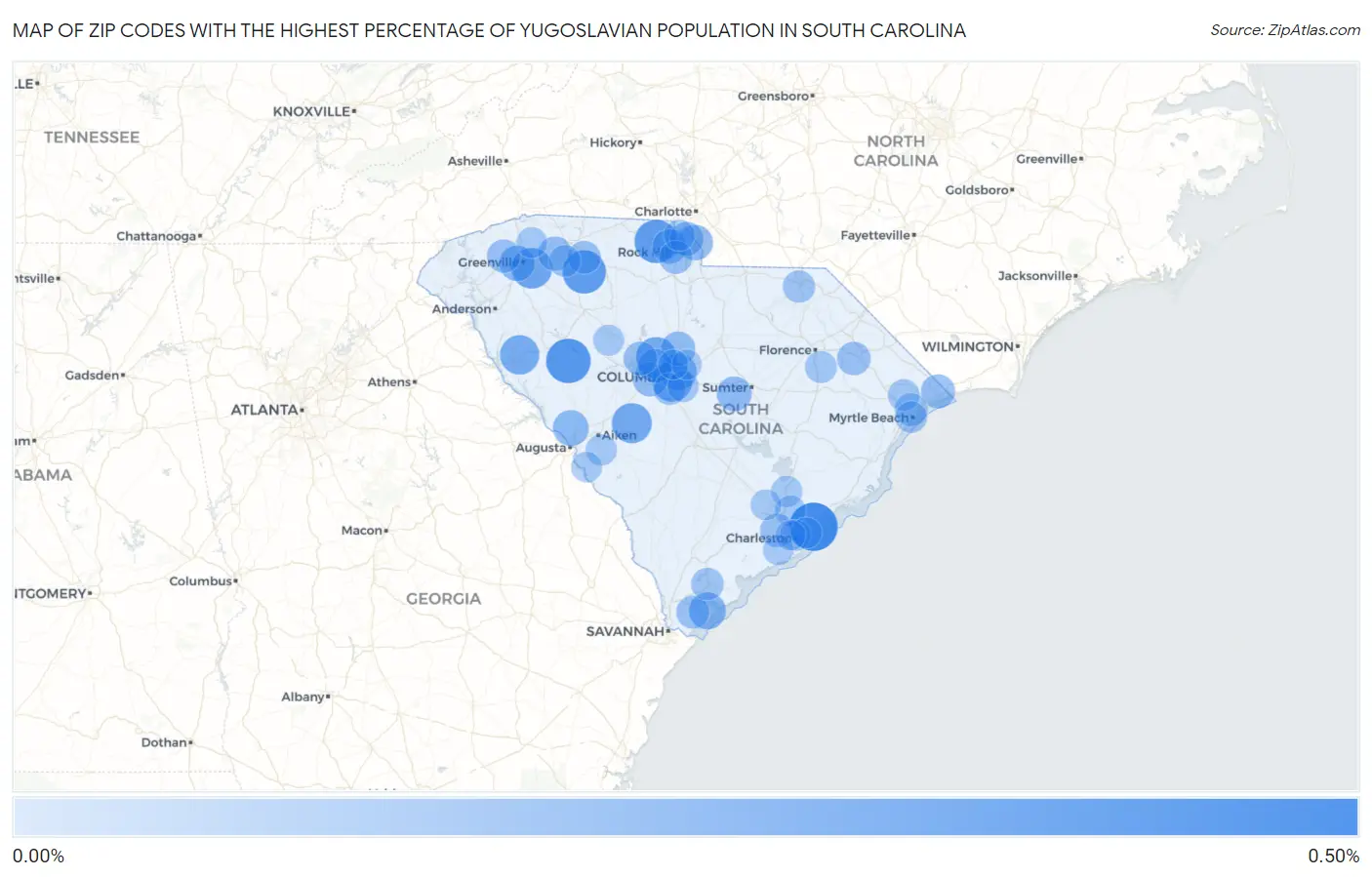 Zip Codes with the Highest Percentage of Yugoslavian Population in South Carolina Map