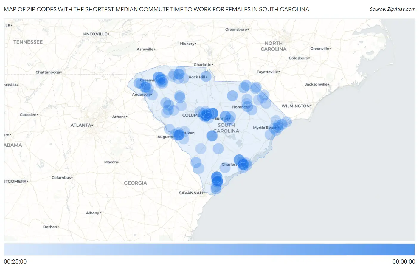 Zip Codes with the Shortest Median Commute Time to Work for Females in South Carolina Map